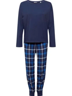 Pyjama Long en coton bleu carreaux avec une coupe droite et un col rond
