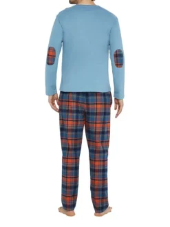 Pyjama long en coton bleu à carreaux avec une coupe droite et un col rond
