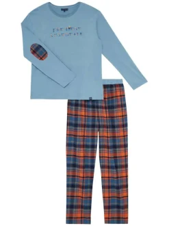Pyjama long en coton bleu à carreaux avec une coupe droite et un col rond