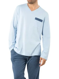 Pyjama long en coton bleu ciel à rayures avec un col v et une coupe droite