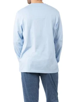 Pyjama long en coton bleu ciel à rayures avec un col v et une coupe droite
