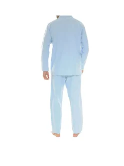 Pyjama long en coton bleu ciel uni avec une coupe droite et un col cubain
