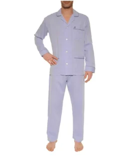 Pyjama long en coton bleu ciel uni avec une coupe droite et un col cubain