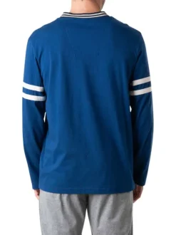 Pyjama long en coton bleu à col v avec des liserés sur le haut