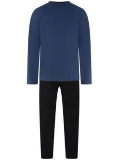 Pyjama long en coton bleu et noir imprimé avec une coupe droite et un col rond