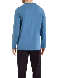 Pyjama long en coton bleu et noir uni avec un col rond et des manches longues