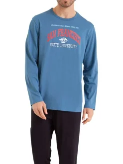 Pyjama long en coton bleu et noir uni avec un col rond et des manches longues