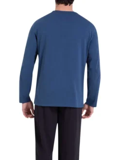 Pyjama long en coton bleu et noir uni à coupe droite avec un imprimé