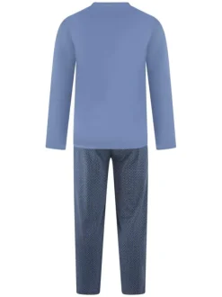 Pyjama long en coton bleu à imprimé avec une coupe droite et un col v