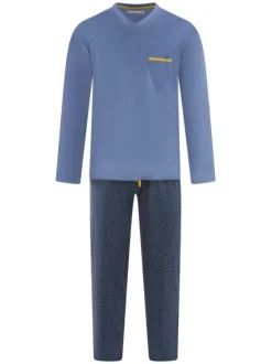 Pyjama long en coton bleu à imprimé avec une coupe droite et un col v