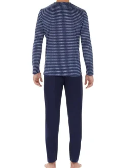 Pyjama long en coton bleu imprimé géométrique avec un col v et une coupe fermée