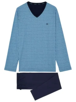 Pyjama long en coton bleu imprimé géométrique coupe fermée col v