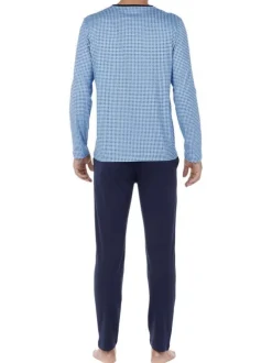 Pyjama long en coton bleu imprimé géométrique coupe fermée col v