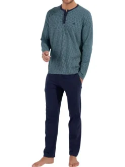 Pyjama long en coton bleu imprimé ovales avec coupe fermée et col tunisien