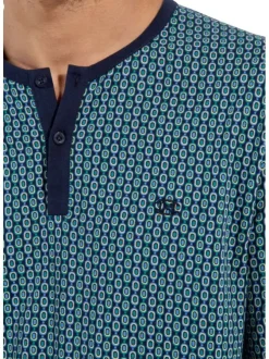 Pyjama long en coton bleu imprimé ovales avec coupe fermée et col tunisien