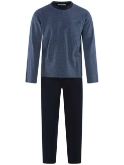 Pyjama long en coton bleu à imprimé une coupe droite et un col rond