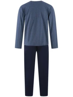 Pyjama long en coton bleu à imprimé une coupe droite et un col rond