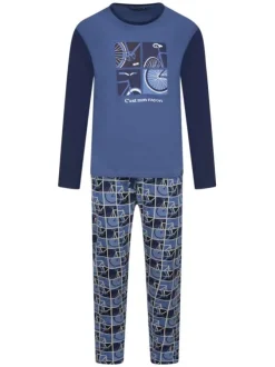Pyjama long en coton bleu imprimé vélo avec une coupe droite et un col rond