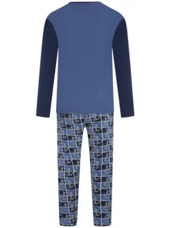 Pyjama long en coton bleu imprimé vélo avec une coupe droite et un col rond