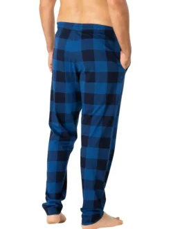Pyjama long en coton bleu marine à carreaux avec un col chemise et une poche