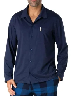 Pyjama long en coton bleu marine à carreaux avec un col chemise et une poche