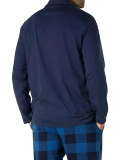 Pyjama long en coton bleu marine à carreaux avec un col chemise et une poche