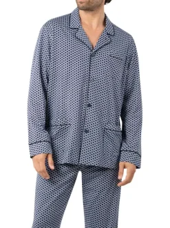 Pyjama long en coton bleu marine à motifs avec un col à revers et des poches