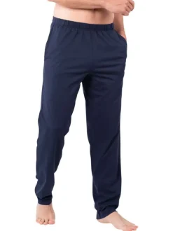 Pyjama long en coton bleu marine à petits motifs avec un col v