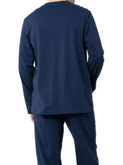 Pyjama long en coton bleu marine à rayures avec un col tunisien à boutons