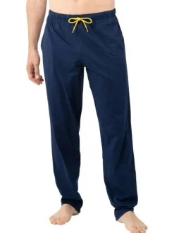 Pyjama long en coton bleu marine à rayures avec un col tunisien à boutons