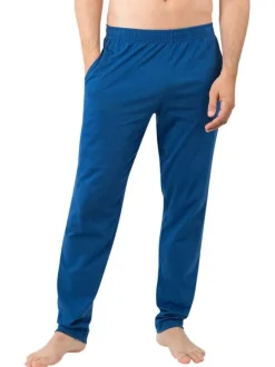 Pyjama long en coton bleu marine uni avec un col à revers et des poches