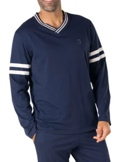 Pyjama long en coton bleu marine uni à col v avec des liserés