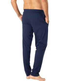 Pyjama long en coton bleu marine uni à col v avec des liserés