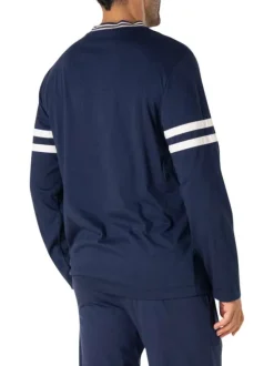 Pyjama long en coton bleu marine uni à col v avec des liserés