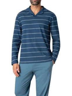 Pyjama long en coton bleu rayé avec une coupe fermée et un col cranté