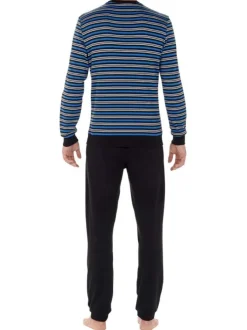 Pyjama long en coton bleu à rayures avec coupe fermée et col rond