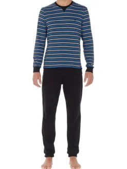 Pyjama long en coton bleu à rayures avec coupe fermée et col rond