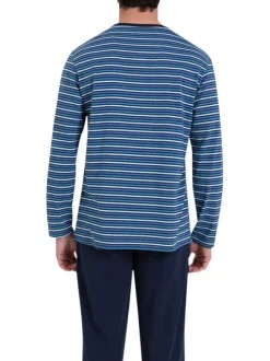 Pyjama long en coton bleu à rayures et à coupe droite avec une poche