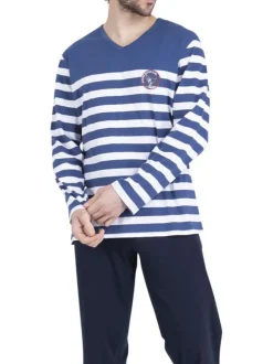 Pyjama long en coton bleu à rayures pourvu d'une coupe droite et d'un col v