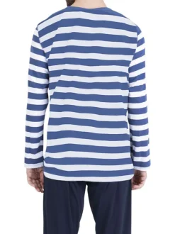 Pyjama long en coton bleu à rayures pourvu d'une coupe droite et d'un col v