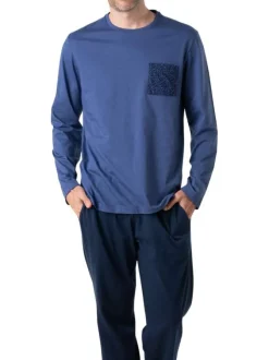 Pyjama long en coton bleu uni à col rond avec une poche plaquée