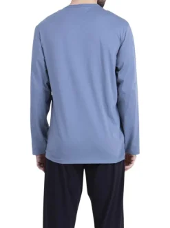 Pyjama long en coton bleu uni pourvu d'un col rond et d'une coupe droite