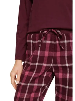 Pyjama long en coton bordeaux à carreaux avec une coupe droite, un col rond et à manches longues