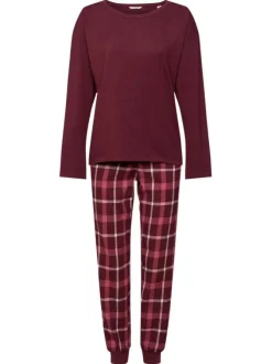 Pyjama long en coton bordeaux à carreaux avec une coupe droite, un col rond et à manches longues
