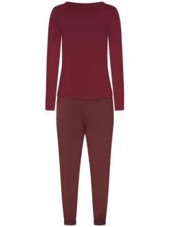 Pyjama long en coton bordeaux uni avec une coupe fermée et un col rond