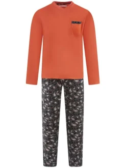Pyjama long en coton couleur brique et fleuri avec une coupe droite et un col v
