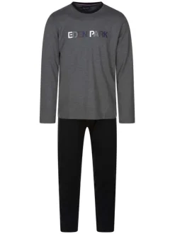 Pyjama long en coton gris et noir imprimé avec une coupe droite et un col rond