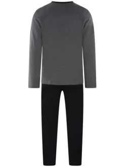 Pyjama long en coton gris et noir imprimé avec une coupe droite et un col rond