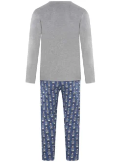 Pyjama long en coton gris imprimé ours avec une coupe droite et un col rond