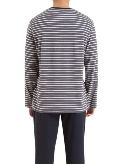 Pyjama long en coton gris rayé avec une coupe fermée et un col rond